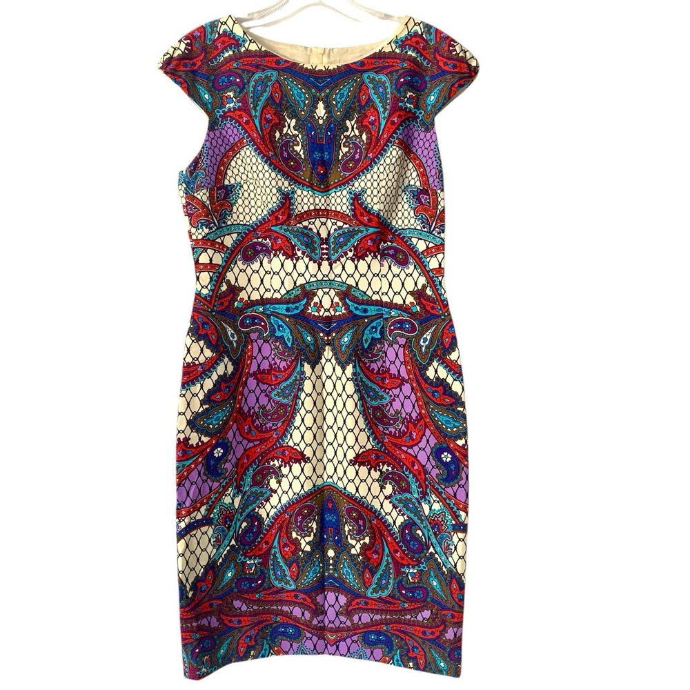 DAVID MEISTER Sheath Dress Womens Size 4 Colorful Paisley Art Maximalist Bold